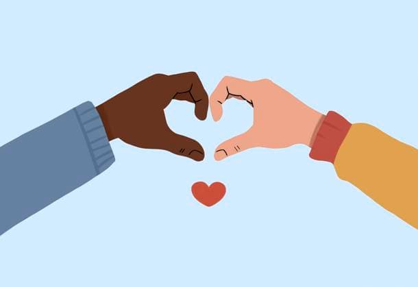 Creative Highlights Symbolfotos Two diverse hands form a heart shape against a light blue background, symbolizing love, unity, and inclusivity. Two hands making a heart shape against a blue background with a small heart in the center. sham00526 Copyright: xConnectxImagesx ,property released