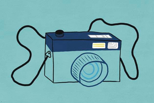 Illustration of retro camera on blue background property released, JMHMF00339