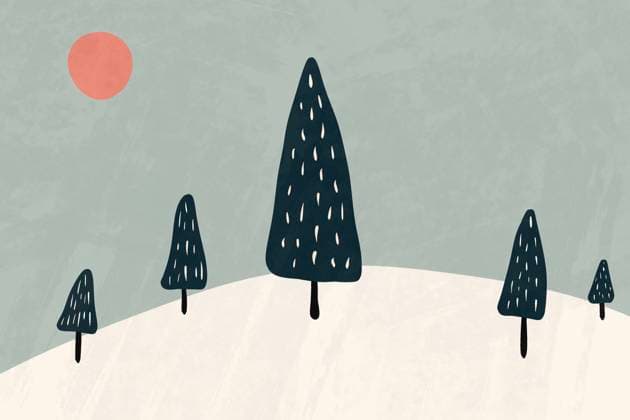Creative Highlights Symbolfotos Stylized illustration of a simple winter landscape, featuring dark trees on a snowy hill under an orange sun, ideal for modern Christmas postcards. Model Released HodeiUnzueta_ID23971_695114_011 Copyright: xHodeixUnzuetax RECORD DATE NOT STATED