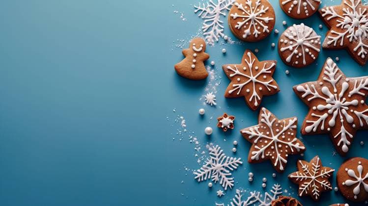 A festive collection of gingerbread cookies, intricately decorated with white icing, arranged on a vibrant blue background. Snowflake and gingerbread man shapes add a joyful, seasonal touch. Model Released JavierMartinez_ID24095_697892_006 Copyright: xJavierxMartinezx RECORD DATE NOT STATED