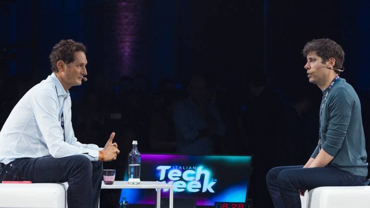 : Turin, Italy. 26th September 2024. American entrepreneur Sam Altman (right) (CEO of OpenAI) speaks with John Elkann (CEO of Exor and Chairman of Stellantis and Ferrari) at Italian Tech Week 2024  - ZUMAp169 20240926_zea_p169_263 Copyright: xMarcoxDestefanisx