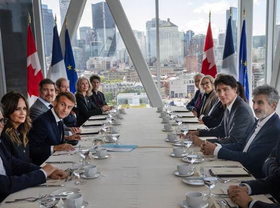 September 26, 2024, Montreal, Pq, Canada: French President Emmanuel Macron and Prime Minister Justin Trudeau take part in an AI themed luncheon Thursday, September 26, 2024 in Montreal. Montreal Canada  - ZUMAc35_ 20240926_zaf_c35_206 Copyright: xRyanxRemiorzx