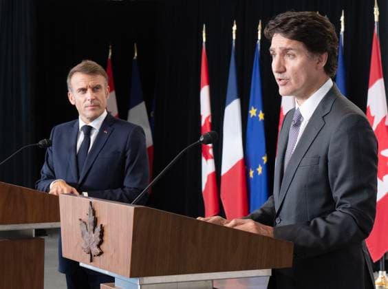 September 26, 2024, Montreal, Pq, Canada: French President Emmanuel Macron and Prime Minister Justin Trudeau hold a joint news conference in Montreal on Thursday, September 26, 2024. Montreal Canada  - ZUMAc35_ 20240926_zaf_c35_266 Copyright: xRyanxRemiorzx