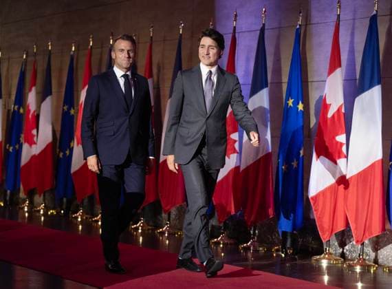 September 26, 2024, Montreal, Pq, Canada: French President Emmanuel Macron and Prime Minister Justin Trudeau attend a reception Thursday, September 26, 2024 in Montreal. Montreal Canada  - ZUMAc35_ 20240926_zaf_c35_289 Copyright: xRyanxRemiorzx