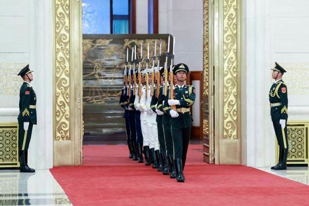 (240929) -- BEIJING, Sept. 29, 2024 -- Guard of honor enter the venue of the presentation ceremony at the Great Hall of the People in Beijing, capital of China, Sept. 29, 2024. China held a high-profile ceremony on Sunday morning to award the highest state honors ahead of the 75th founding anniversary of the People s Republic of China. ) (FOCUS)CHINA-BEIJING-HIGHEST STATE HONORS-CEREMONY (CN) WangxYe 