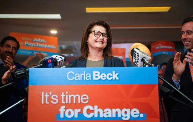October 1, 2024, Regina, Sk, Canada: Saskatchewan NDP Leader Carla Beck looks on while speaking to the media during a launch her partyöÄÃ s election campaign in Regina, Tuesday, Oct. 1, 2024. Regina Canada  - ZUMAc35_ 20241001_zaf_c35_055 Copyright: xHeywoodxYux
