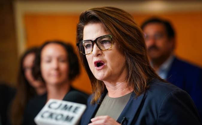 October 1, 2024, Regina, Sk, Canada: Saskatchewan NDP Leader Carla Beck speaks to the media to launch her partyöÄÃ s election campaign in Regina, Tuesday, Oct. 1, 2024. Regina Canada  - ZUMAc35_ 20241001_zaf_c35_063 Copyright: xHeywoodxYux