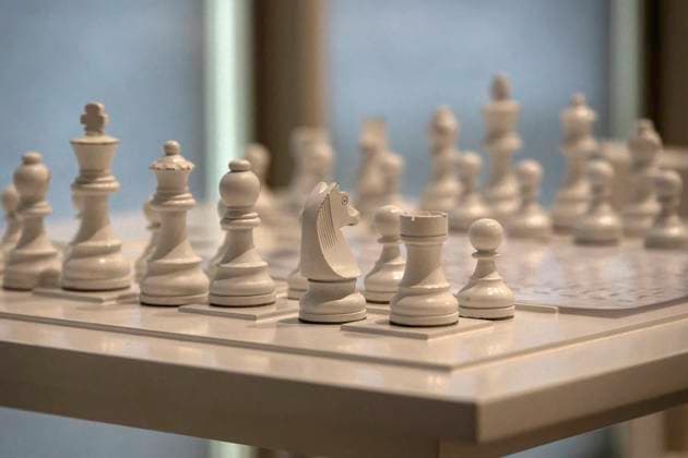 Einzelausstellung Music of the Mind von Yoko Ono in Düsseldorf. White Chess Set Play it Trust, ein weißes Schachspiel aus dem Jahr 1966. Im Übrigen bezeichnen K20 und K21 der Stiftung Kunstsammlung Nordrhein-Westfalen in Düsseldorf Kunst des 20. und des 21. Jahrhunderts. Bei Yoko Ono ist s beides. Düsseldorf Nordrhein-Westfalen Deutschland