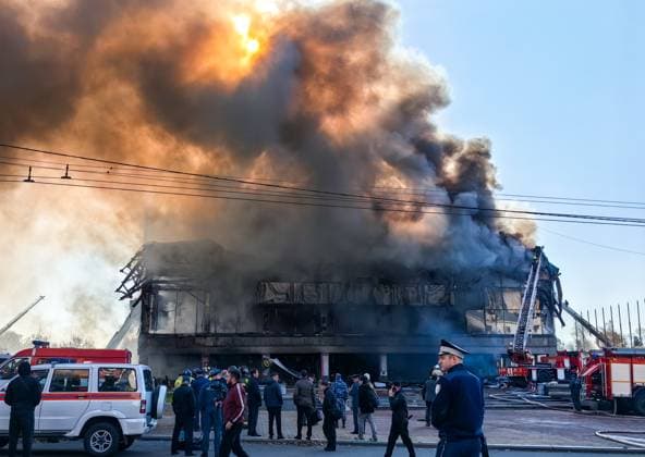 RUSSIA, KHABAROVSK - OCTOBER 3, 2024: First responders battle a fire broken out at the Khabarosvk Territory Music Theatre. Sergei Ivanov TASS  74626764