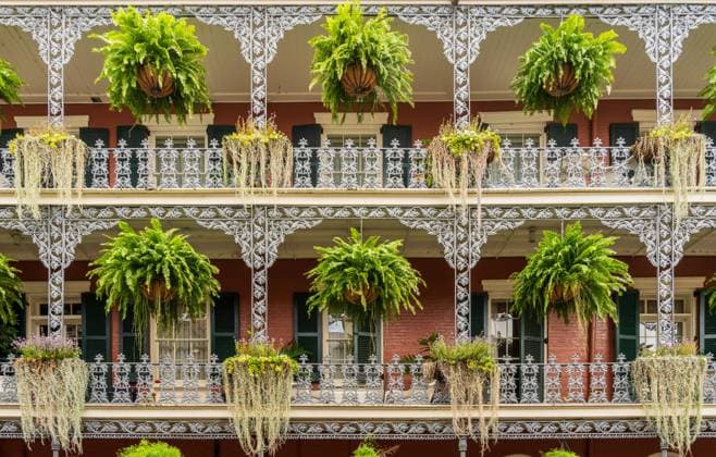 Traditional wrought iron balcony on brick New Orleans house Hanging baskets on tradional New Orleans building on Royal Street in the French Quarter with grey wrought iron balconies Copyright: xZoonar.com StevenxHeapx 21141136