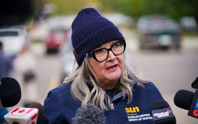 October 3, 2024, Regina, Sk, Canada: Saskatchewan Union of Nurses president Tracy Zambory speaks to the media after a rally organized by Saskatchewan Union of Nurses outside of the Saskatchewan Legislative Building in Regina, on Thursday, October 3, 2024. Regina Canada  - ZUMAc35_ 20241003_zaf_c35_095 Copyright: xHeywoodxYux