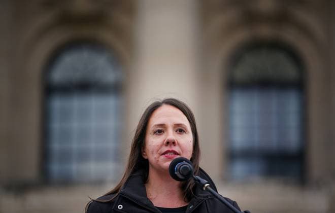 October 3, 2024, Regina, Sk, Canada: Saskatchewan Teachers Federation president Samantha Becotte speaks during a rally organized by Saskatchewan Union of Nurses in Regina, on Thursday, October 3, 2024. Regina Canada  - ZUMAc35_ 20241003_zaf_c35_098 Copyright: xHeywoodxYux