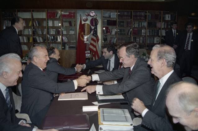 December 2, 1989. An interim informal meeting between General Secretary of the CPSU Central Committee Mikhail Gorbachev and U.S. President George H. W. Bush in Malta, held on board of the Maxim Gorky Soviet ship. Yuri Lizunov, Eduard Pesov TASS  17873767