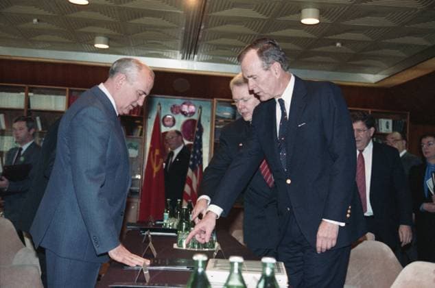 December 2, 1989. Informal meeting of Soviet leader Mikhail Gorbachev and U.S. President George H. W. Bush aboard Maxim Gorky Soviet ship. Yuri Lizunov, Eduard Pesov TASS  18461726