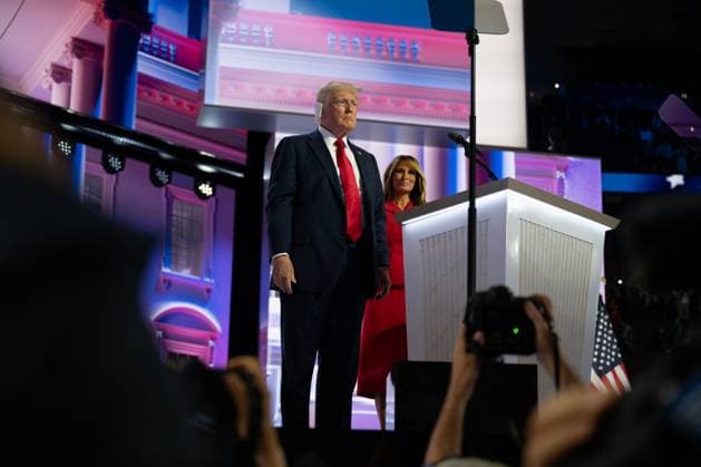 Trump addresses the The Republican National Convention in Milwaukee Former US President Donald J Trump and former First Lady Melania Trump after Trump™s speech at the Republican National Convention in Milwaukee, Wisconsin at the Fiserv Forum on Thursday, July 18, 2024. Monday night was Trump™s first appearance since a rally in Pennsylvania, where he sustained injuries from an alleged bullet grazing his ear. Trump recounted the story in his speech, and also talked about Biden, immigration, and other topics. Credit: Annabelle Gordon CNP Milwaukee Wisconsin United States of America EDITORIAL USE ONLY Copyright: xx - AnnabellexGordonx cnpphotos298951
