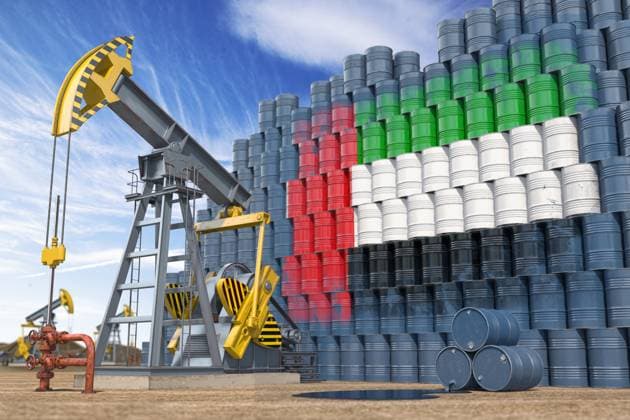 Oil production and extraction in UAE United Arab Emirates. Oil pump jack and oil barrels with flag of UAE. Oil production and extraction in UAE United Arab Emirates. Oil pump jack and oil barrels with flag of UAE. 3d illustration Copyright: xZoonar.com MaksymxYemelyanovx 19702647