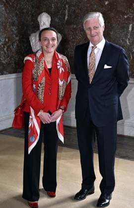 Professor Veronique Van Speybroeck and King Philippe - Filip of Belgium pose for the photographer during a ceremony to award the Francqui-Collen Prize scientific awards for 2024, Tuesday 08 October 2024 in Brussels. The scientific prize, which is often referred to as the Belgian Nobel Prize , is awarded by The Francqui Foundation and is worth 250.000 euros. The King awards the Prix Francqui 2024 in Exact Sciences to Professor Van Speybroeck of Ghent University. Van Speybroeck receives the award for her work on the computational modeling of catalytic processes in nanoporous materials.  ERICxLALMAND 102145103