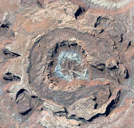 Creative Highlights World Aerial, satellite dome in Utah and dig site from above on a rugged landscape of rough terrain in the national park. Earth, desert and nature from a drone view with a meteor crater in the ground. model released property released Copyright: xPeopleImages.comx-x 53197f21551f6x