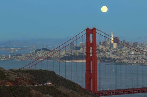 Golden Gate Bridge with full moon over San Francisco skyline at dusk. 25804405 RECORD DATE NOT STATED