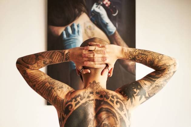 Creative Highlights Symbolfotos Man, tattoo and back or art with body with creativity or unique or shirtless at house. Tattoos, male person and backwards with ink with hands on head with skin for aesthetic or creative or edgy model released property released Copyright: xPeopleImages.comx-x 52dd5247c8c6ax