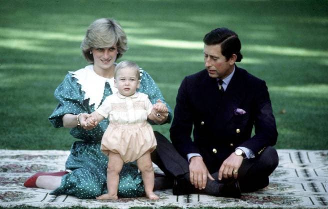 Retro KING CHARLES III Prince William is seen with his parents HRH Prince Charles and the late Princess Diana (wearing Vanvelden puritan collar) during their 1983 official visit to New Zealand, in April 1983 in Auckland, New Zealand. ( New Zealand  Copyright: x0542513418x