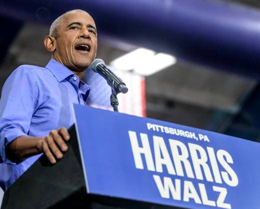 Former President Barack Obama campaigns for Vice President Kamala Harris at The Fitzgerald Field House on the campus of the University of Pittsburgh in Pittsburgh on Thursday, October 10, 2024.  PIT2024101026 ARCHIExCARPENTER