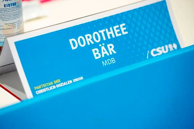 Augsburg, Swabia, Bavaria, Germany - October 11, 2024: Party conference of the CSU 2024 (Christian Social Union in Bavaria) in Augsburg. Name badge of Dorothee Bär at press conference. *** Parteitag der CSU 2024 (Christlich-Soziale Union in Bayern) in Augsburg. Namensschild von Dorothee Bär auf Pressekonferenz.