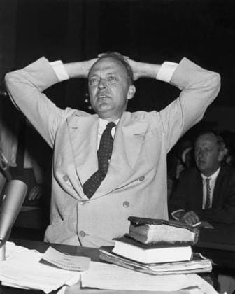 Orig. caption... MCMICHAEL BEFORE HOUSE UN-AMERICAN Washington D.C. July 30th. Jack McMichael, Methodist Minister from California, took the stand this morning before the House Un-American Activities Committee and denied ever having been a member of the Communist Party. Reef. McMichael had to be admonished several times by the Chairman of the Committee for talking out of turn, he is shown as he testified. Note See also BBK007B and BBK006 Accused of anti-American, communist activities McCarthyism Interrogation Gaze Dejected Facial expression CD360 persons: JACK MCMICHAEL sites: WASHINTON DC;USA sp_sw x5600x *** Orig caption MCMICHAEL BEFORE HOUSE UN AMERICAN Washington D C July 30th Jack McMichael, Methodist Minister from California, took t  Copyright: xx IN THE WITNESS BOOTH