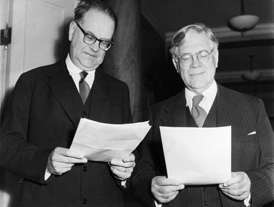 Orig. caption... THE PARLIAMENT RESOLUTION. Monday was a historic political day for Sweden s Riksdag. In 2. or 1. the chamber read out Excellencies Erlander and UndÃ n Kungl.Majst s open letter to the Riksdag regarding new elections to the Riksdag s second chamber. Here Mr. Erlander and UndÃ n are seen before the historic moment when they announce the decision. Note CD93 People s Assembly persons: ÖSTEN UNDEN ;TAGE ERLANDER sites: STOCKHOLM ;SWEDINER sp_sw x5600x *** Orig caption THE PARLIAMENT RESOLUTION Monday was a historic political day for Sweden s Riksdag In 2 or 1 the chamber read out Excellencies Erlander and UndÃ n Kungl Majst s open letter to the Riksdag regarding new elections to the Riksdag s second chamber Here Mr Erlander  Copyright: xXxXxXx ERLANDER AND THE UNDEN