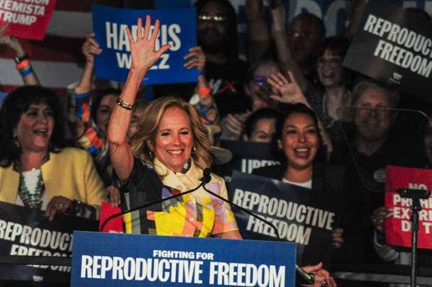 October 12, 2024, Phoenix, Arizona, USA: First Lady JILL BIDEN addressed Harris-Walz campaign supporters in Phoenix, advocating for abortion rights as part of the Fighting for Reproductive Freedom national bus tour. The tour, marked by a large blue bus, will make approximately 60 stops across key battleground states ahead of the 2024 election. Phoenix USA - ZUMAb270 20241012_znp_b270_004 Copyright: xEduardoxBarrazax