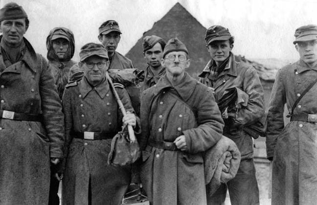 Orig. caption... FOR PUBLICATION IN THE EVENING PAPERS OF WEDNESDAY, MAY 3RD 1945. TWO GRANDFATHERS AMONG GERMAN PRISONERS CAPTURED AT TANGEMUNDE. Among the prisoners captured by the U.S. 9th Army troops at Tangemunde, was a German aged 85. He is the prisoner, on right, wearing glasses. The other prisoner next to him also wearing glasses is 61-years-old. sites: TANGERMvuNDE;GERMANY PhotoDate:1945-??-?? sp_sw x5600x *** Orig caption FOR PUBLICATION IN THE EVENING PAPERS OF WEDNESDAY, MAY 3RD 1945 TWO GRANDFATHERS AMONG GERMAN PRISONERS CAPTURED AT TANGEMUNDE Among the prisoners captured by the U S 9th Army troops at Tangemunde, was a German aged 85 He is the prisoner, on right, wearing glasses The other prisoner next to him also wearin  Copyright: xx GERMAN WAR MEN IN DIFFERENT ERA