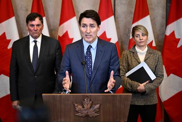 October 14, 2024, Ottawa, On, CAN: Prime Minister Justin Trudeau, Minister of Public Safety, Democratic Institutions and Intergovernmental Affairs Dominic LeBlanc, left, and Minister of Foreign Affairs Melanie Joly, right, participate in a news conference on the investigative efforts related to violent criminal activity occurring in Canada with connections to India, on Parliament Hill in Ottawa, on Monday, Oct. 14, 2024. Ottawa CAN - ZUMAc35_ 20241014_zaf_c35_049 Copyright: xJustinxTangx