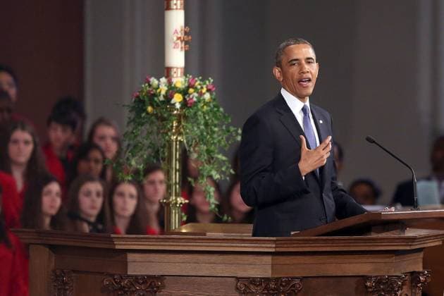 President Barack Obama and Wife Michelle Attend Interfaith Service For Victims Of Boston Marathon Bombings United States President Barack Obama speaks at an interfaith prayer service for victims of the Boston Marathon attack titled Healing Our City, at the Cathedral of the Holy Cross on April 18, 2013 in Boston, Massachusetts. Authorities investigating the attack on the Boston Marathon have shifted their focus to locating the person who placed a black bag down and walked away just before the bombs went off. The twin bombings at the 116-year-old Boston race, which occurred near the marathon finish line, resulted in the deaths of three people and more than 170 others injured. Photo Credit: Spencer Platt CNP AdMedia Boston Massachusetts Unit  Copyright: xx SpencerxPlattx admphotos899489