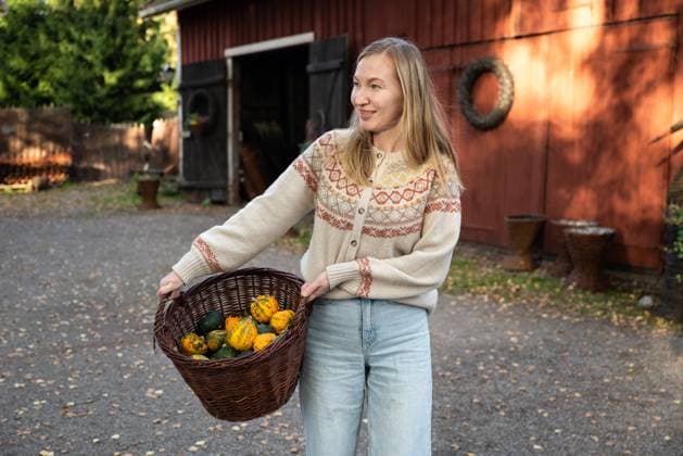 Woman holding decorative pumpkins in wicker basket Espoo, Uusimaa, Finland CR_PJJZ24101585-1560640-01 ,model released, Symbolfoto