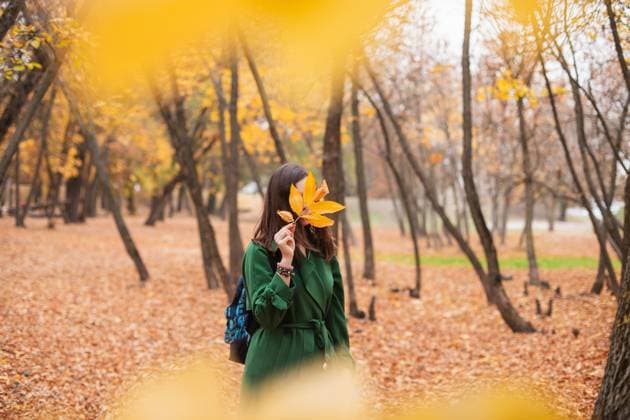 Front view of a young woman with a yellow leaf in front of her face Tallinn, Harju County, Estonia R_GHEW2410140E-1562931-01 ,model released, Symbolfoto