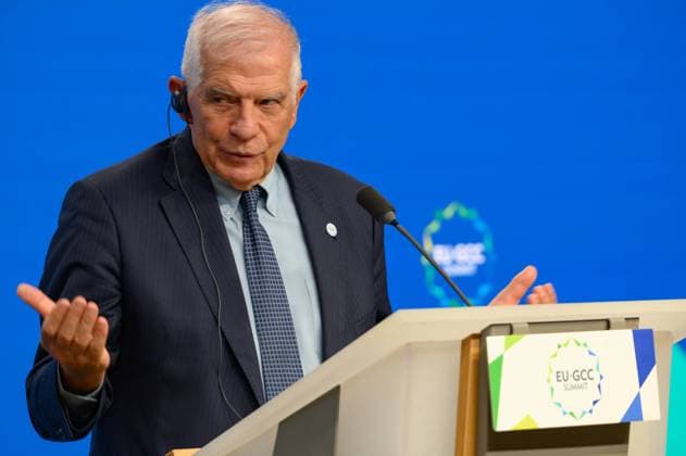 EU-Gulf - Council Summit - Joint Press Statement European Union High Representative for Foreign Affairs and Security Policy Josep Borrell addresses a press conference during the EU - Gulf Cooperation Council (GCC) summit in Brussels - Belgium on October 16, 2024. Jonathan Raa Nurphoto Brussels Belgium  Copyright: xJonathanxRaax originalFilename: raa-eugulfco241016_npRn9.jpg