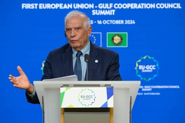 EU-Gulf - Council Summit - Joint Press Statement European Union High Representative for Foreign Affairs and Security Policy Josep Borrell addresses a press conference during the EU - Gulf Cooperation Council (GCC) summit in Brussels, Belgium, on October 16, 2024. Brussels Belgium  Copyright: xJonathanxRaax originalFilename: raa-eugulfco241016_npxHD.jpg