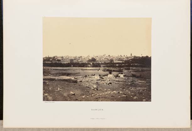 RECORD DATE NOT STATED Ramleh. John Cramb, photographer (Scottish, active 1850s - 1860s) 1860 Distant view of the city of Ramla. A herd of goats lounge and graze in a field in the foreground. (Recto, mount) lower left, below print, letterpress in black ink: Cramb, Photo. 1860. Lower center, letterpress in black ink: RAMLEH. William Collins, Glasgow. (Verso, mount) lower left, handwritten in pencil: IB 51.3 (CRA) Copyright: xpiemagsx piemagsrmnb13020224-3551 !ACHTUNG AUFNAHMEDATUM GESCHÄTZT!