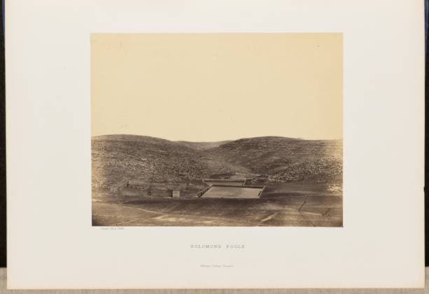 RECORD DATE NOT STATED Solomon s Pools. John Cramb, photographer (Scottish, active 1850s - 1860s) 1860 Elevated view of all three of Solomon s Pools from a hill beside them. Next to the pools is the fort known as Qal at al-Burak, or Castle of the Pools. (Recto, mount) lower left, below print, letterpress in black ink: Cramb, Photo. 1860. Lower center, letterpress in black ink: SOLOMON S POOLS. William Collins, Glasgow. (Verso, mount) lower left, handwritten in pencil: IB 51.7 (CRA) Copyright: xpiemagsx piemagsrmnb13020224-3555 !ACHTUNG AUFNAHMEDATUM GESCHÄTZT!