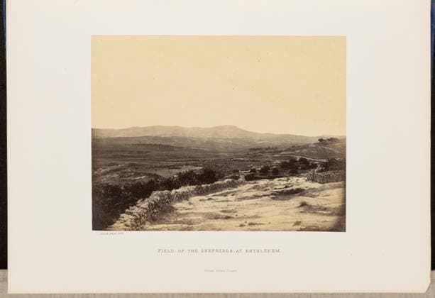 RECORD DATE NOT STATED The Field of the Shepherds of Bethlehem. John Cramb, photographer (Scottish, active 1850s - 1860s) 1860 Elevated view of fields divided by stone walls in a vally near Bethlehem. The fields are dotted with groves of trees. (Recto, mount) lower left, below print, letterpress in black ink: Cramb, Photo. 1860. Lower center, letterpress in black ink: FIELD OF THE SHEPHERDS, AT BETHLEHEM. William Collins, Glasgow. (Verso, mount) lower left, handwritten in pencil: IB 51.9 (CRA) Copyright: xpiemagsx piemagsrmnb13020224-3557 !ACHTUNG AUFNAHMEDATUM GESCHÄTZT!
