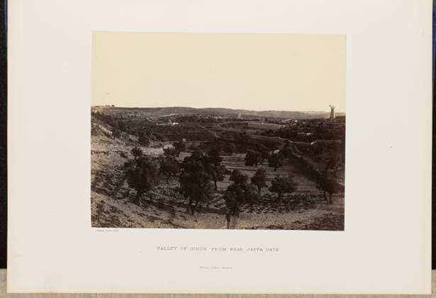 RECORD DATE NOT STATED Valley of Gihon from near Jaffa Gate. John Cramb, photographer (Scottish, active 1850s - 1860s) 1860 Elevated view of Jerusalem from the west, with the Montefiore Windmill, the Mishkenot Sha ananim guesthouse building, and Jaffa Gate all visible. (Recto, mount) lower left, below print, letterpress in black ink: Cramb, Photo. 1860. Lower center, letterpress in black ink: VALLEY OF GIHON FROM NEAR JAFFA GATE. William Collins, Glasgow. (Verso, mount) lower left, handwritten in pencil: IB 51.10 (CRA) Copyright: xpiemagsx piemagsrmnb13020224-3558 !ACHTUNG AUFNAHMEDATUM GESCHÄTZT!