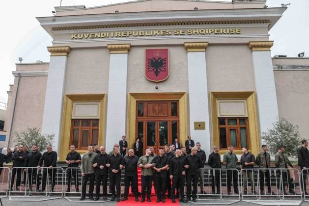 October 17, 2024, Tirana, Tirana, Albania: Parliament bodyguards block the entrance to members of Parliament with opposition Democratic Party of Albania, after some of them been suspended. Tirana Albania - ZUMAamen 20241017_zip_b266_004 Copyright: xArmandoxBabanix