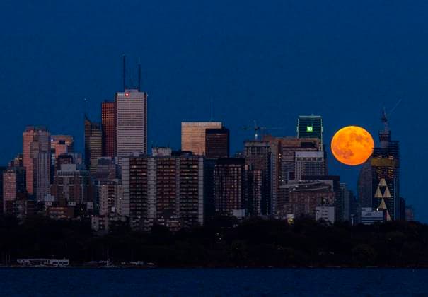 Bilder des Jahres 2024, News 10 Oktober News Themen der Woche KW42 News Bilder des Tages (241018) -- TORONTO, Oct. 18, 2024 -- The full moon rises over the skyline in Toronto, Canada, on Oct. 17, 2024. (Photo by Xinhua) CANADA-TORONTO-FULL MOON ZouxZheng 