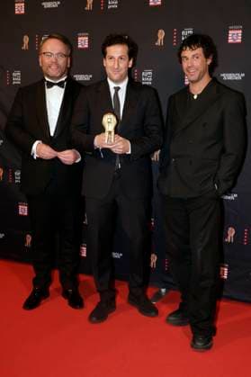 Timon Gremmels, David Hadda und Aaron Altaras bei der 35. Verleihung des Hessischen Film- und Kinopreises 2024 in der Alten Oper. Frankfurt am Main, 18.10.2024