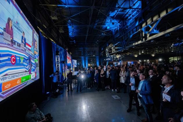 October 19, 2024, Vancouver, Bc, CANADA: B.C. Conservative supporters watch results come in on election night in Vancouver, on Saturday, October 19, 2024. Vancouver CANADA  - ZUMAc35_ 20241019_zaf_c35_165 Copyright: xEthanxCairnsx