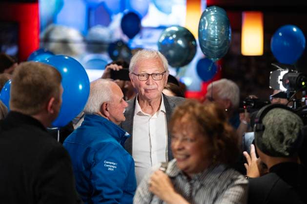 October 21, 2024, Quispamsis, Nb, Canada: New Brunswick Progressive Conservative Party Leader Blaine Higgs is greeted by supporters before delivering a concession speech in Quispamsis, N.B., following the results of the provincial election, Monday, Oct. 21, 2024. Quispamsis Canada  - ZUMAc35_ 20241021_zaf_c35_105 Copyright: xDarrenxCalabresex