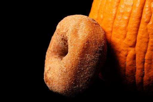 Close-up of a sugar-coated donut leaning against a pumpkin, isolated on a black background. 26343783 RECORD DATE NOT STATED