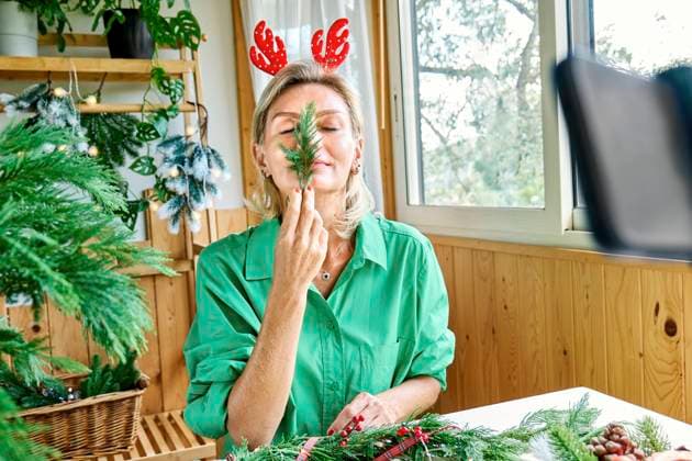 Mature influencer smelling fresh thuja and vlogging on mobile phone at home model released, Symbolfoto property released, CATF00376