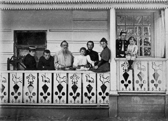 Leo Tolstoy, his family members and guests on front porch of his home 8775517 29.09.1892 Leo Tolstoy, his family members and guests are seen on the front porch of his home at Yasnaya Polyana. Photo courtesy of the Leo Tolstoy State Museum in Moscow. Tula region Russia  Copyright: xx