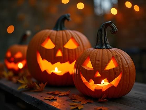 A close-up view of smiling Halloween pumpkins with candles illuminating their carved faces, surrounded by autumn leaves on a rustic wooden table. Model Released IombiGarcia_ID24764_717879_005 Copyright: xIombixGarciax RECORD DATE NOT STATED